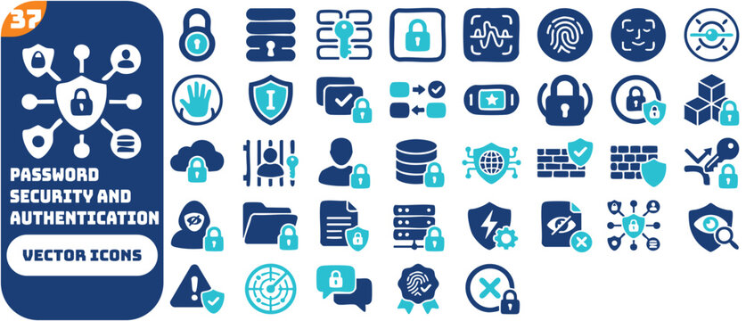 Password security icon set featuring user authentication, biometric login, fingerprint lock, face recognition, secure password manager, and data protection symbols.