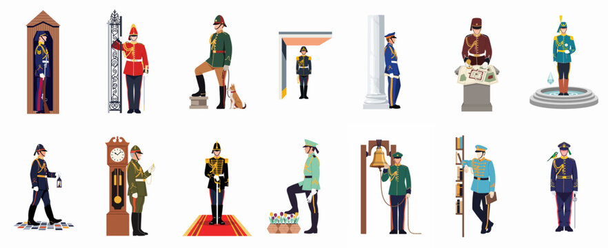 Flat vector illustration set of men in various historical and ceremonial military uniforms performing different duties isolated on white background