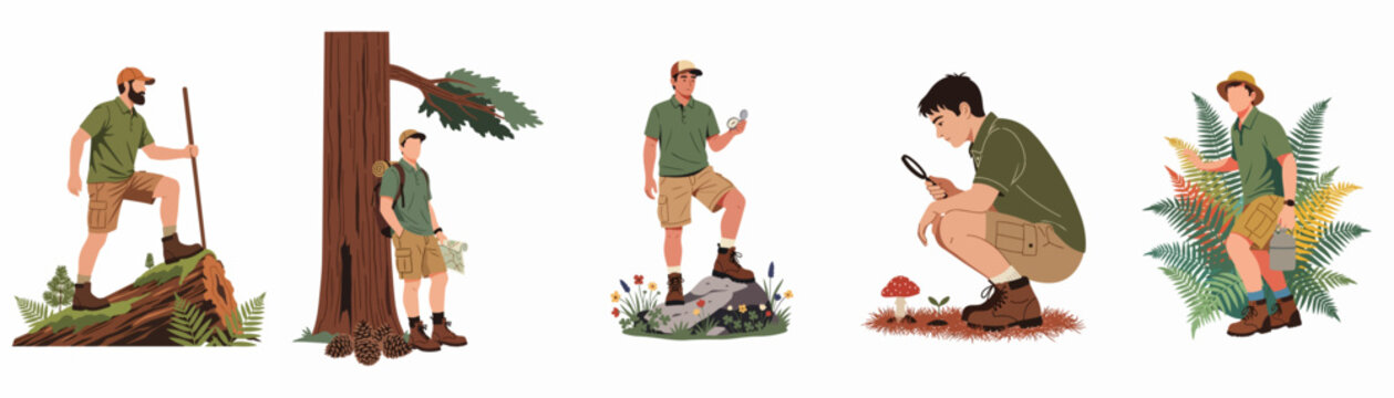 Set of vector illustrations showing men in hiking gear exploring the forest, using tools like maps and compasses to navigate and discover nature.