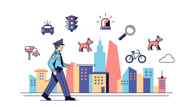 Police officer walking in city with law enforcement icons.