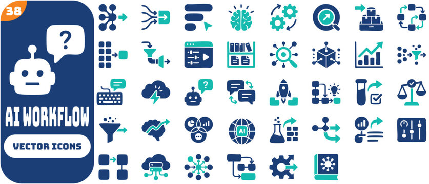 Prompt engineering tools icon set featuring prompt builder, text generation, AI model selector, instruction tuning, prompt analytics, and dataset management symbols.