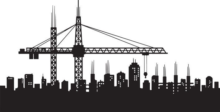 Black silhouette city skyline with construction crane