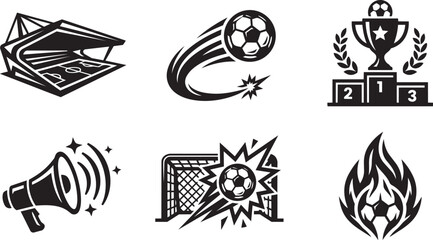 Soccer stadium and football tournament championship black vector icons set. © Joy