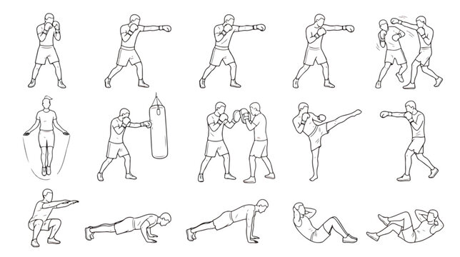 Boxing training icons set, line art martial arts fighter poses, kickboxing workout and fitness exercise vector illustrations for gym posters
