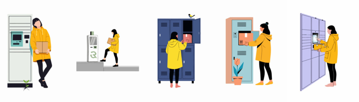 A series of illustrations showing a woman in a yellow jacket using various automated parcel lockers and kiosks for package pickup and delivery.