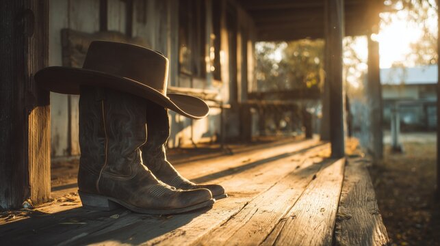 Western scene featuring worn cowboy boots and a cowboy hat placed on a wooden porch near a rustic ranch house entrance. Warm golden sunset light enhances the textures of aged leather and wood.