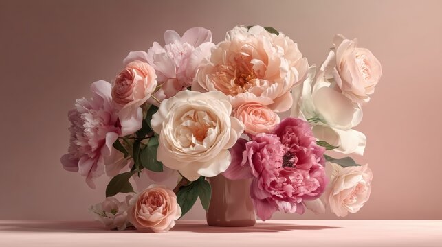 Delicate and elegant composition of peonies and roses placed on a rich purple background, creating a luxurious floral atmosphere. The arrangement leaves clean copy space for text.