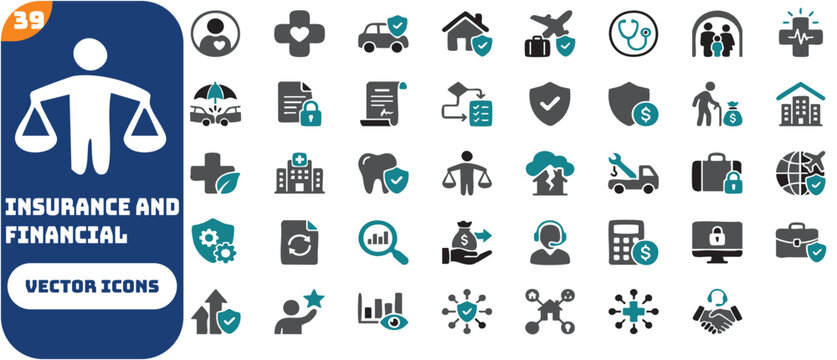 Insurance and financial protection icon set featuring life, health, car, home, and travel insurance, medical coverage, claim process, insurance policy, and security shield symbols.