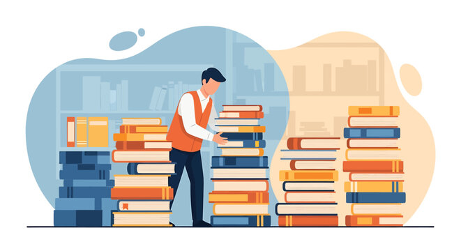 Librarian Carefully Arranging Books on Shelves in the Library.