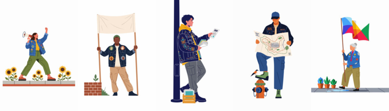 Diverse group of young and old people engaged in peaceful protest, community organizing, social activism, and advocacy, set of vector characters.