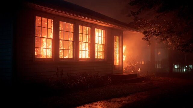 Intense inferno burning inside a residential home during the night, with smoke billowing outside