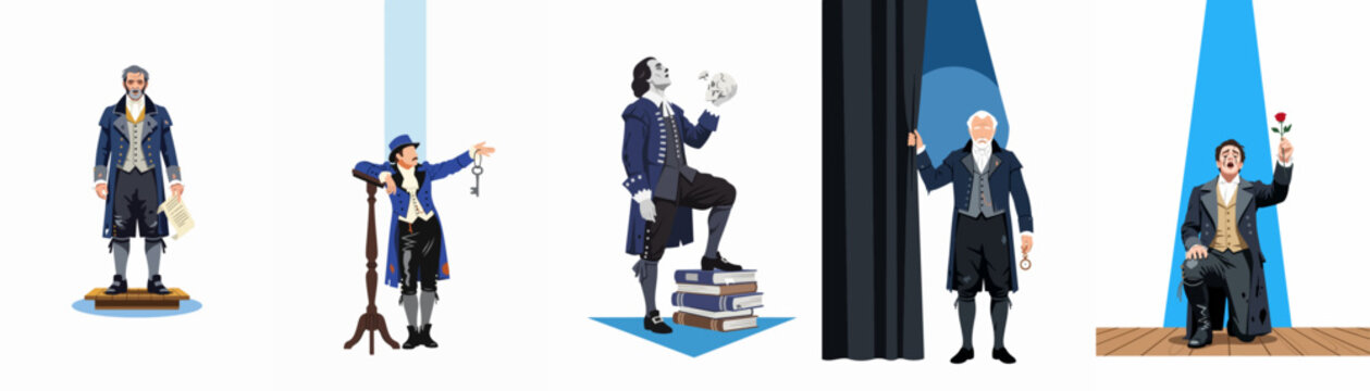 A diverse collection of male theatrical actors in period costumes performing various dramatic scenes and roles on a stage setting.
