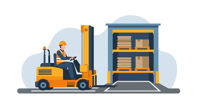Warehouse worker operating a yellow forklift loading shelves with boxes.