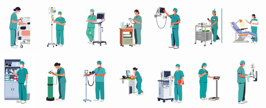 Flat Vector Illustration Collection of Healthcare Professionals in Green Scrubs Performing Various Medical Tasks and Using Equipment in a Hospital Setting
