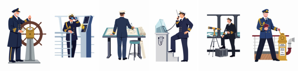 Set of flat vector illustrations featuring ship captains in uniform performing various duties on a vessel bridge and deck. © Limo