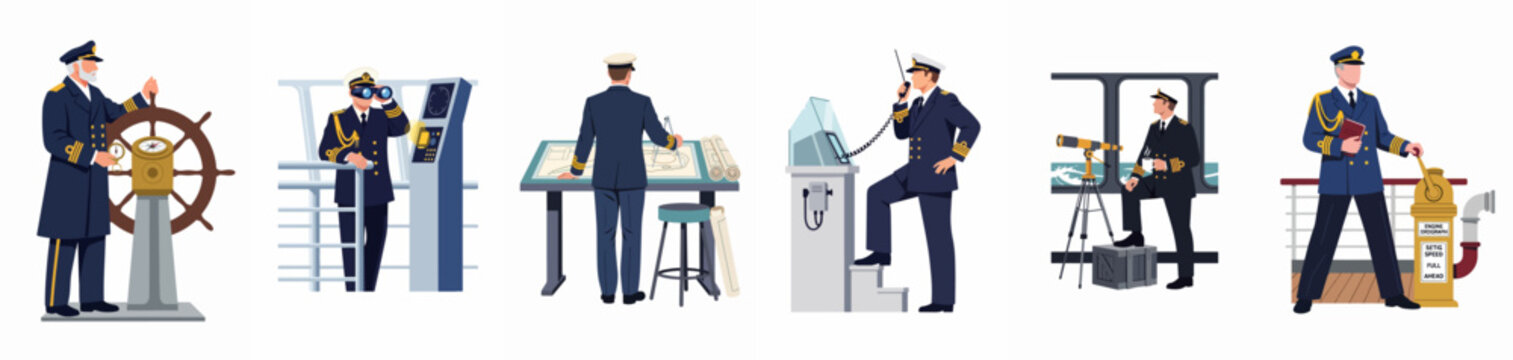 Set of flat vector illustrations featuring ship captains in uniform performing various duties on a vessel bridge and deck.