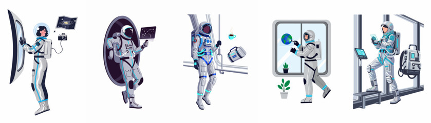 Collection of flat vector illustrations depicting astronauts engaged in various activities like mapping constellations, taking photos, and living in outer space. © Papat