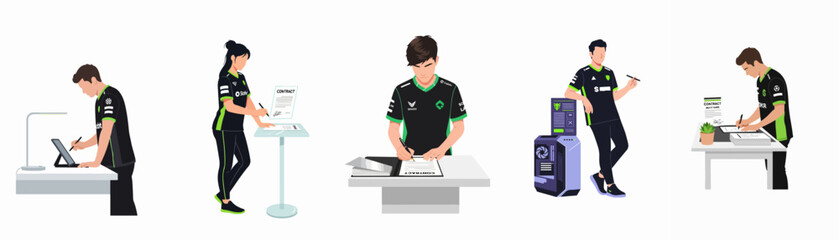Flat vector illustrations of professional e-sports players signing contracts and using gaming equipment in a clean, modern style. © Papat