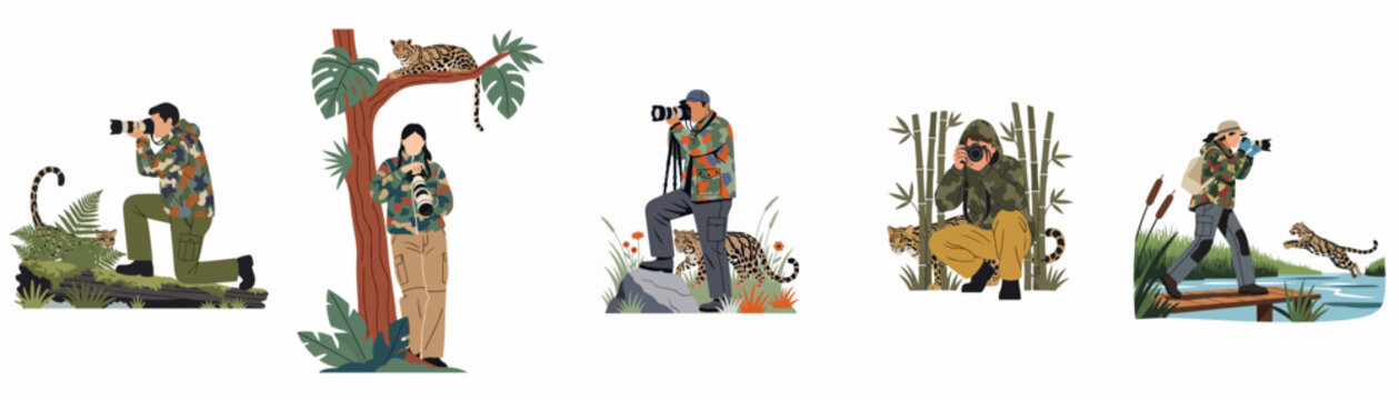 A collection of wildlife photographers in camouflage clothing capturing images of clouded leopards in various natural environments, such as forests and wetlands.