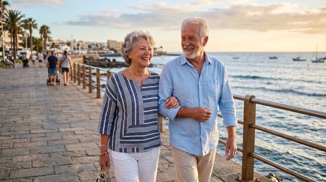 Senior couple walking on boardwalk by sea. Caucasian woman and man enjoying romantic sunset stroll during seaside vacation. Happy lifestyle after retirement, love and togetherness concept.