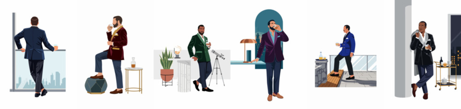 A diverse collection of six sophisticated men in tailored suits enjoying whiskey in luxurious settings, featuring modern interiors and urban balcony views.