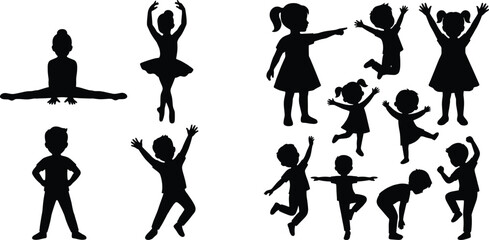 Children Silhouette Collection with Dancing Jumping Stretching and Playful Kids Poses Isolated on White Background © SreeRupali