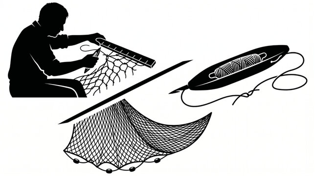 Traditional fisherman weaving fishing net with shuttle tool and complete cast net with sinkers silhouette vector illustration set