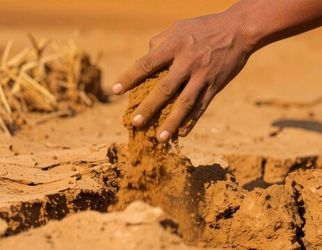 A farmer holds a clump of barren, dry soil that occurs due to drought.