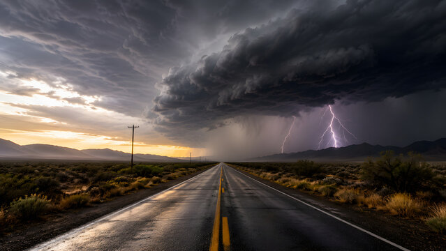 Stormy empty highway road under dramatic dark clouds, lightning landscape, wet asphalt travel route through desert, dangerous weather, cinematic thunderstorm sky, nature disaster journey
