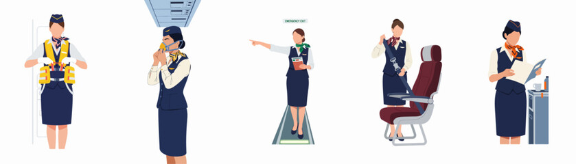 Obraz premium Flat vector illustrations of female flight attendants demonstrating airplane safety procedures including life vest, oxygen mask, and emergency exit, plus cabin service.