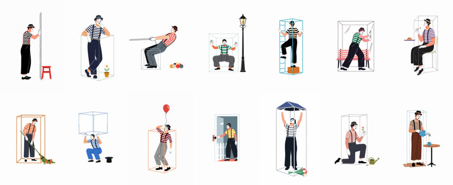 Set of mime artist characters performing various pantomime acts and illusions, often trapped within invisible glass boxes, in a flat vector illustration style.