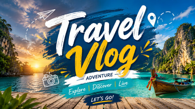 Travel vlog social media banner with tropical beach paradise, summer vacation adventure destination template. Tourism promotion design, exotic island landscape, cinematic ocean sunset, travel blog thu