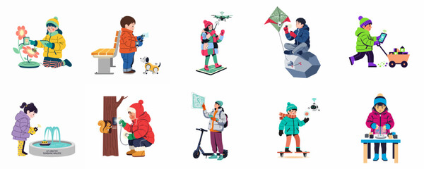 Fototapeta premium Collection of children interacting with futuristic smart technology and IoT devices in outdoor settings, featuring drones, robots, and digital interfaces.