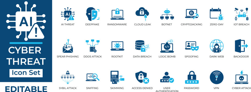 Cyber threat and internet security editable vector icon set. Features AI hacking, ransomware, deepfake, and data breach.
