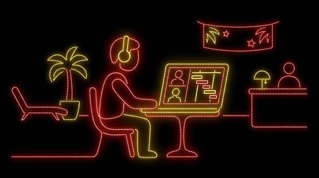 Digital nomad working remotely on laptop from a vacation resort
