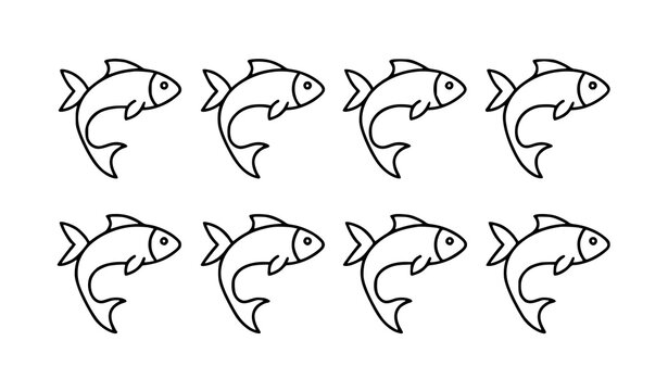 Monochrome fish school line art vector with eight matching aquatic icons