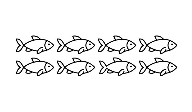 Minimal fish school line art vector with eight stylized aquatic icons isolated on white
