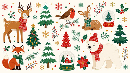 Fototapeta premium Cute winter animals and festive elements for Christmas and New Year celebrations
