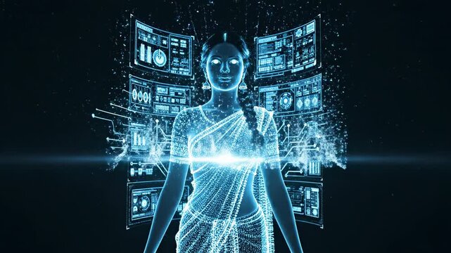 South Asian woman in traditional attire stands with glowing digital interface elements surrounding her, showcasing a blend of culture and technology in a futuristic setting