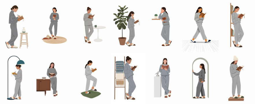 Collection of minimalist flat illustrations featuring a woman in grey loungewear reading books and writing in journals in various cozy home settings.