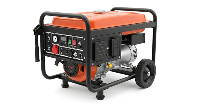 A portable orange generator with black frame is shown outdoors on a white surface
