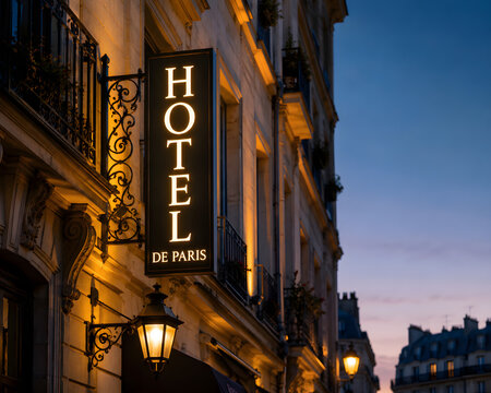 Luxury hotel entrance with illuminated vintage sign at dusk, elegant boutique accommodation in historic European city. Classic hospitality facade, evening street architecture, travel destination, prem