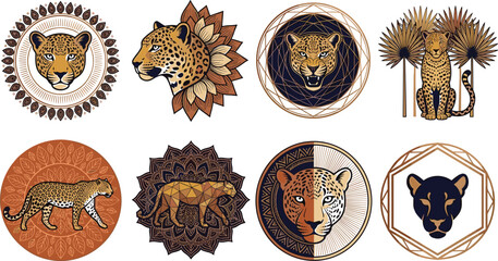 Decorative Leopard Vector Emblem Collection Featuring Luxury Wild Cat Portraits, Geometric Animal Frames, Tribal Patterns, and Elegant Wildlife Badge Designs © MstSuborna