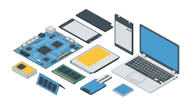 Modern Laptop and Electronic Devices Flat Lay Arrangement.