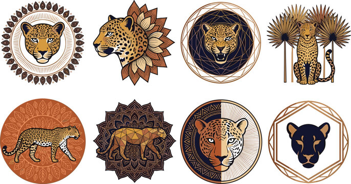 Decorative Leopard Vector Emblem Collection Featuring Luxury Wild Cat Portraits, Geometric Animal Frames, Tribal Patterns, and Elegant Wildlife Badge Designs