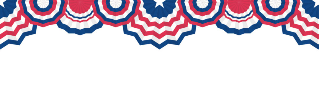 Ornate patriotic bunting garland seamless border in national USA flag colors. Red white and blue festive decoration for Fourth of July celebration and Memorial Day. Vector illustration