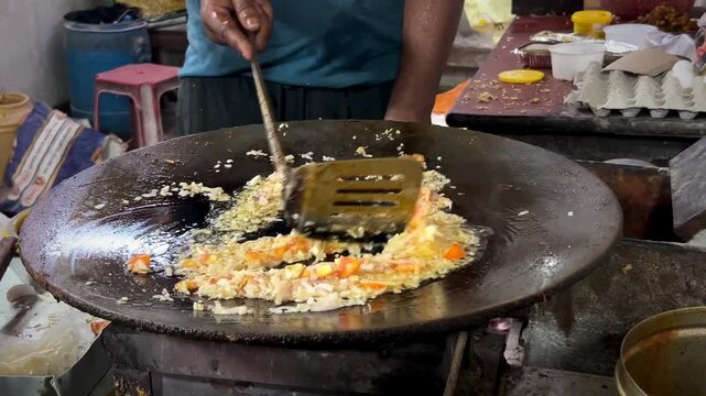 Famous Indian Dish Making of Egg Chana Dal Tadka, Food of eastern Uttar Pradesh in the northern part of the Indian subcontinent, Street Food of India
