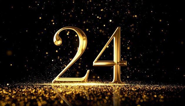 Beautiful golden number 24 with glowing particles and elegant black luxury background