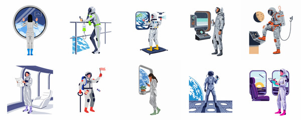Flat Vector Illustration Set of Astronauts and Space Travelers in Various Scenes of Life and Exploration Aboard a Spacecraft and in Space