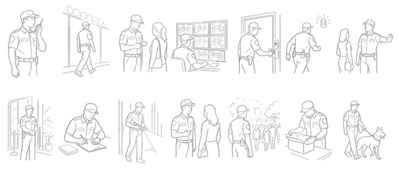 Obraz premium Security guards performing various duties, including patrolling, monitoring, and interacting with people